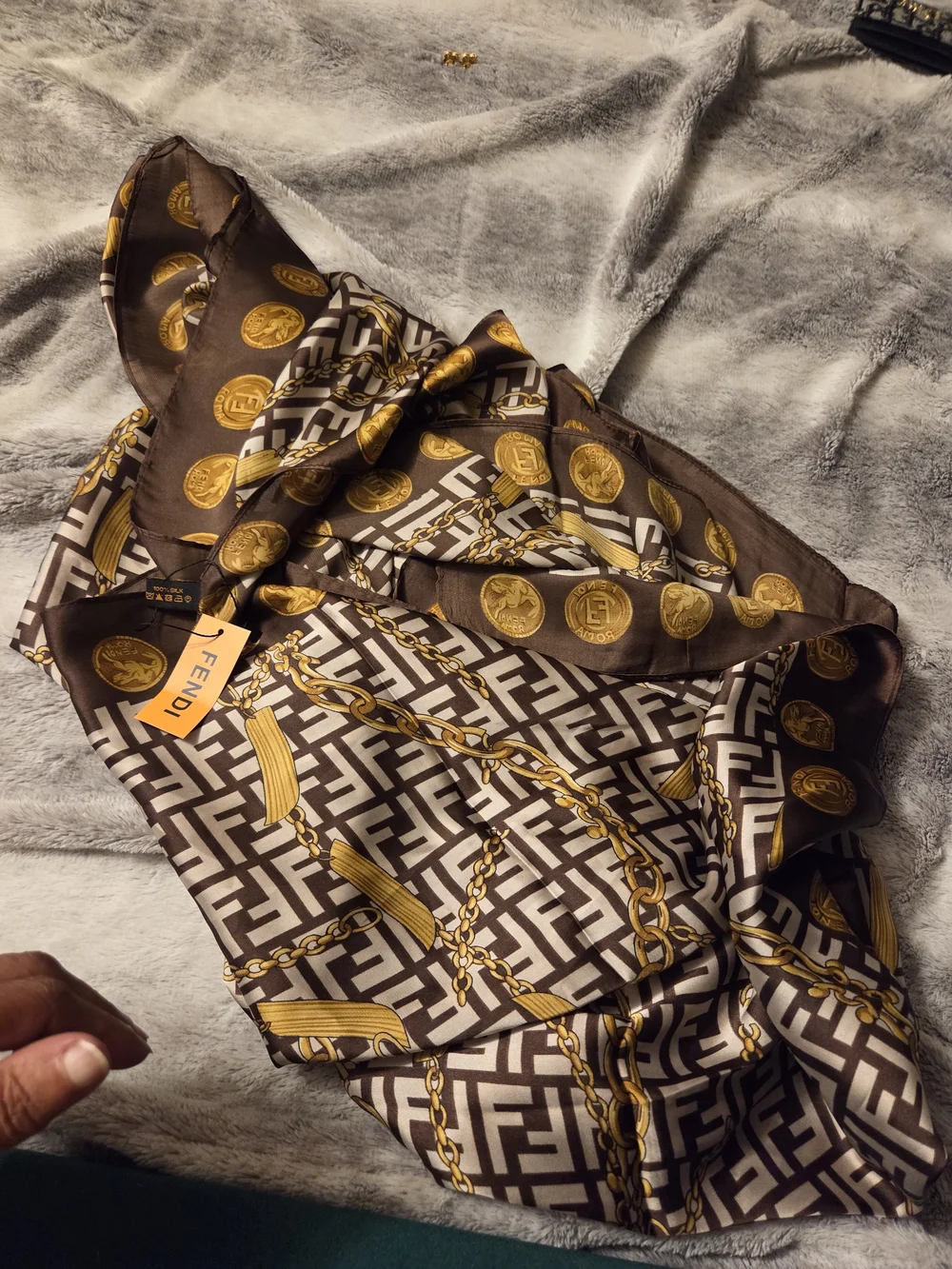 FF Brown & Gold Logo Print Silk Scarf NWT